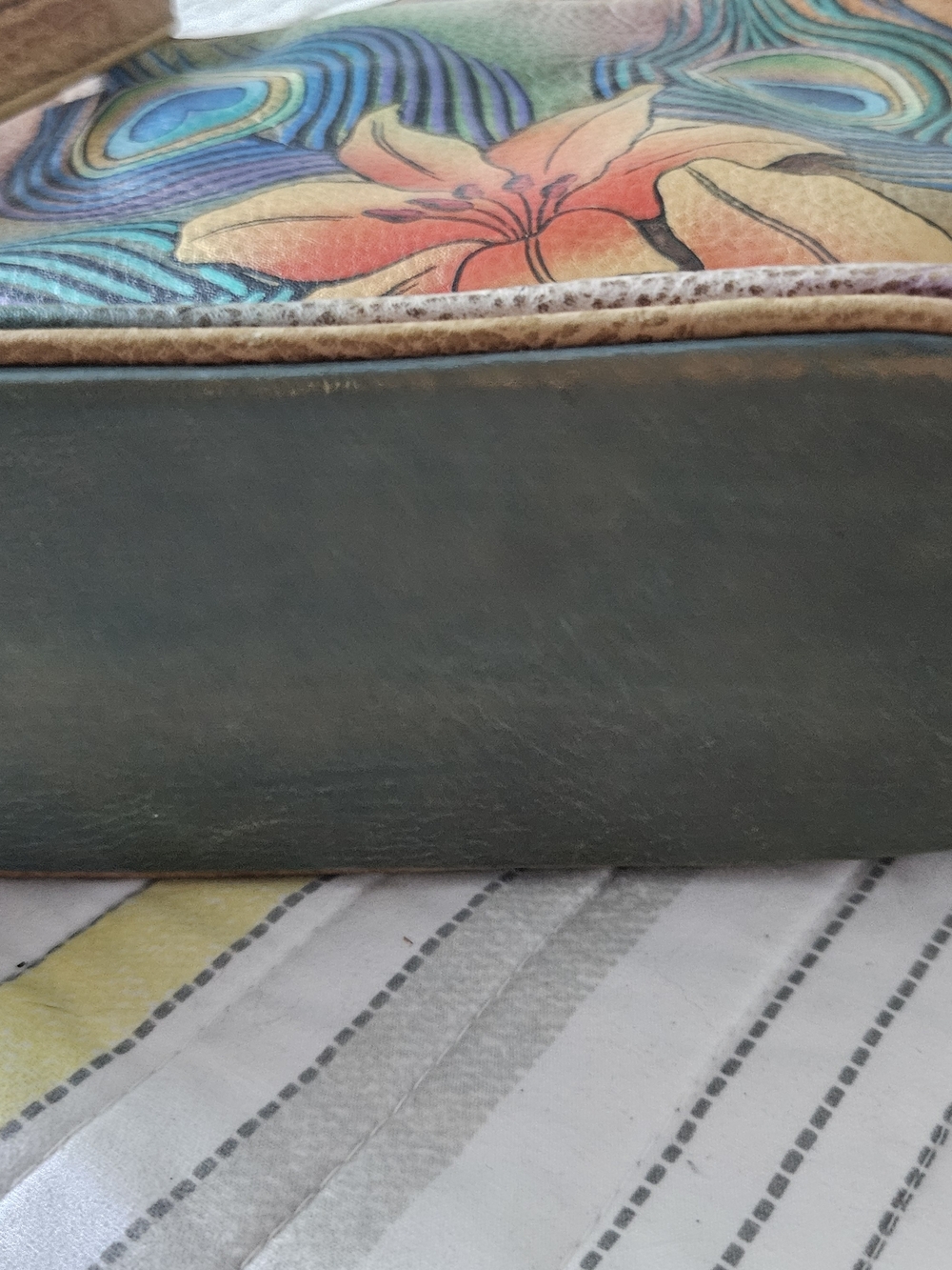 Anuschka Hand-Painted Peacock Feather Leather Crossbody in Teal, Blue, Purple - Picture 9 of 13